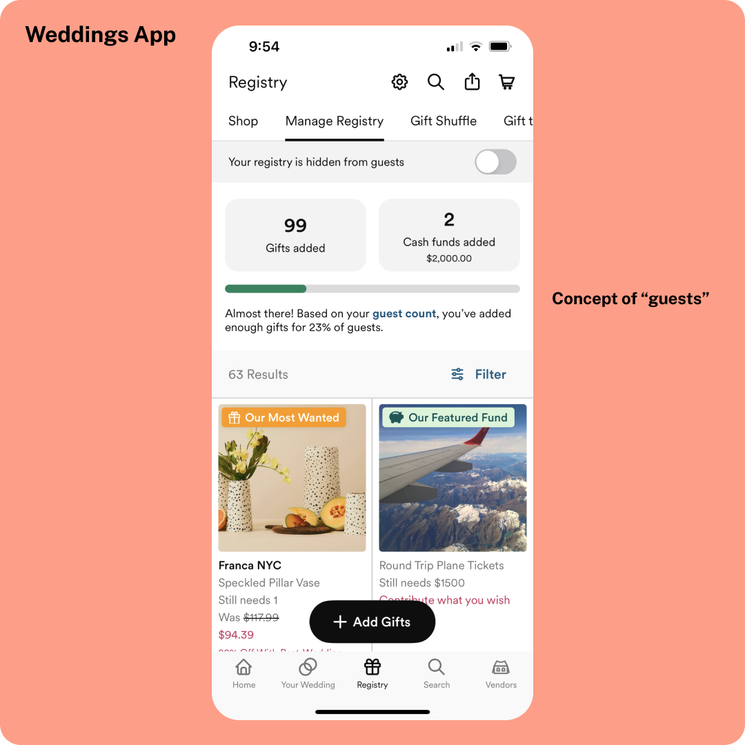 Showing how different the registry pages in the weddings and baby apps are