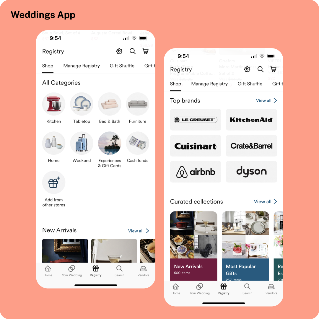 Showing how similar the shop pages in the weddings and baby apps are