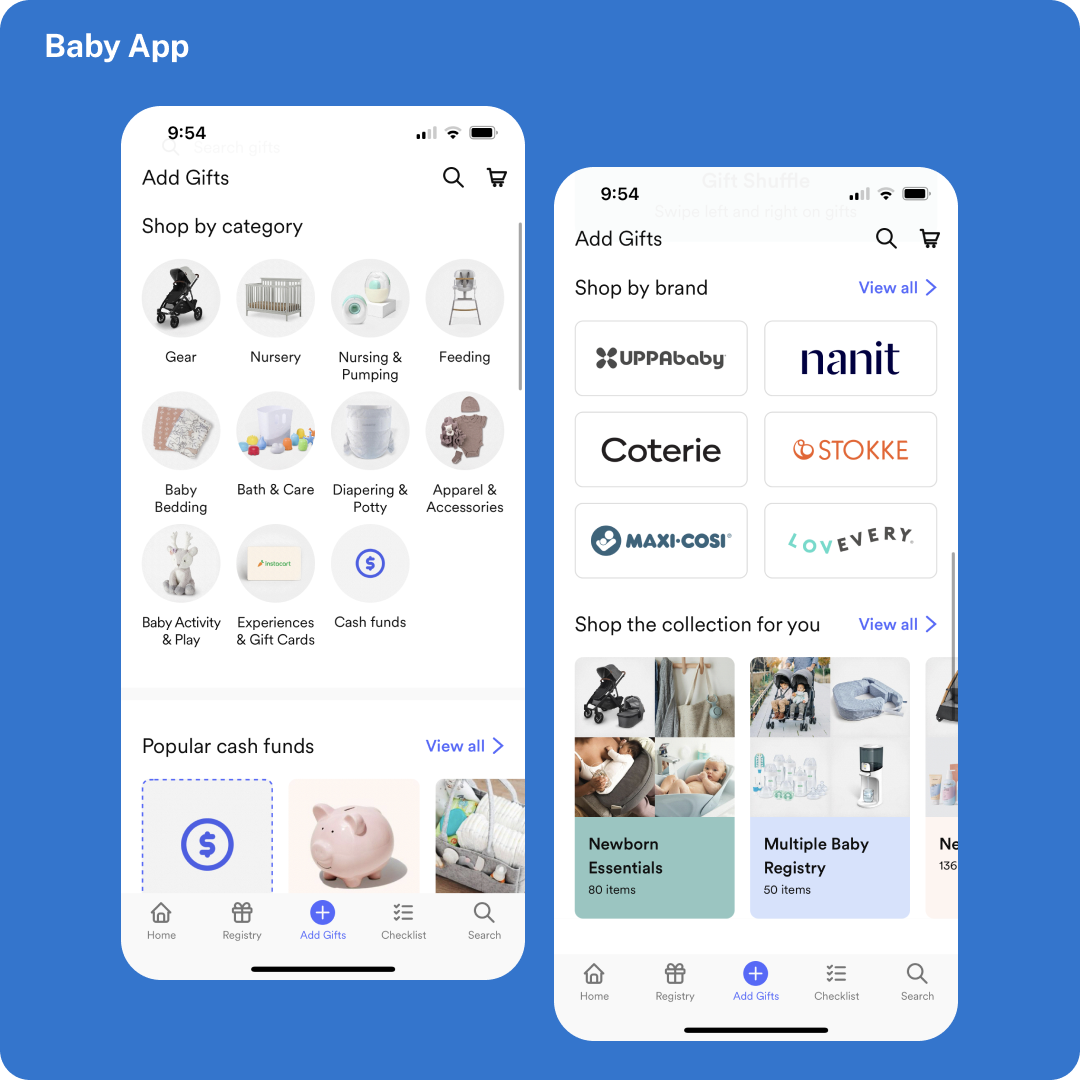 Showing how similar the shop pages in the weddings and baby apps are