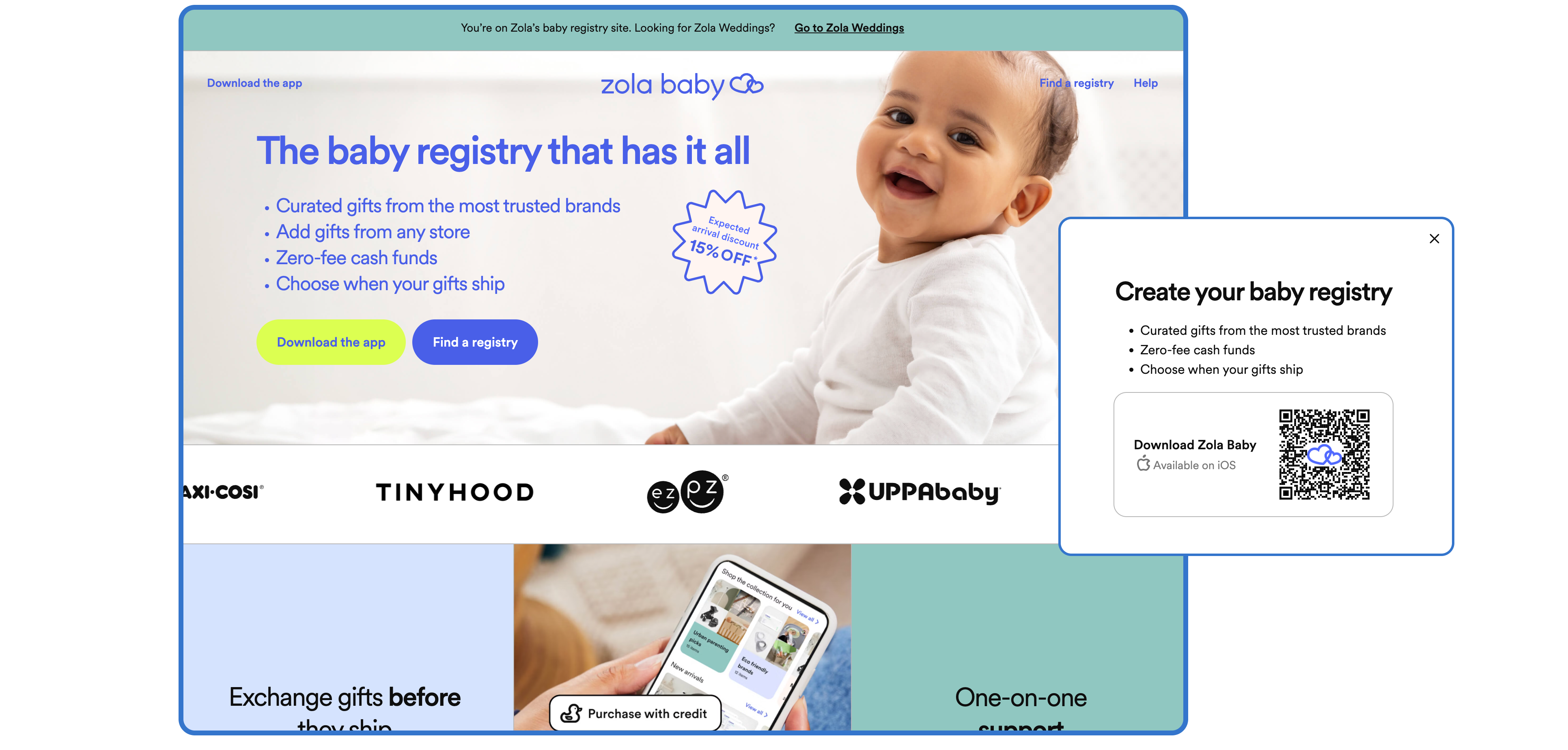 Web page for Zola Baby with QR code to download the app