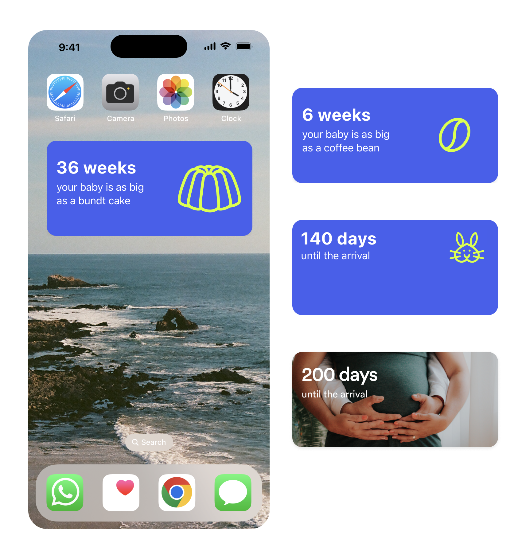 Examples of Zola baby widgets that countdown to the due date or tell you what size your baby is relative to a food item