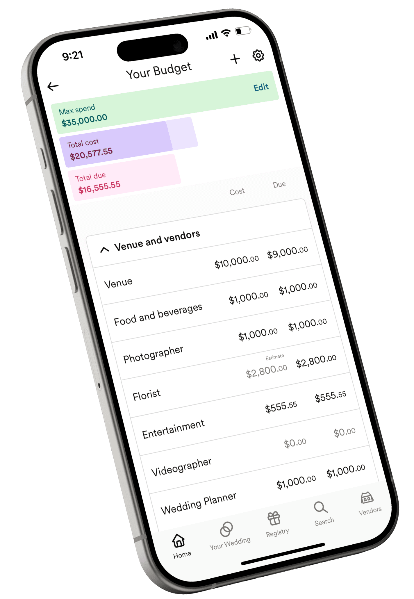 Zola Budget Tool on an iPhone